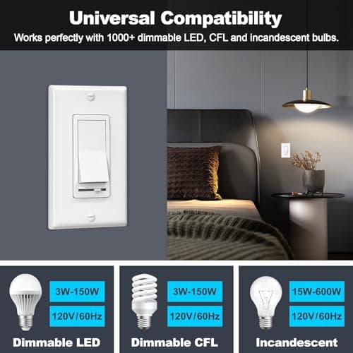 BESTTEN 2 Pack Dimmer Light Switch, Universal Lighting Control, Single Pole or 3 Way, Compatible with LED Dimmable Lamp, CFL, Incandescent, Halogen Bulb, Decorator Wallplate Included, UL Listed, White 5