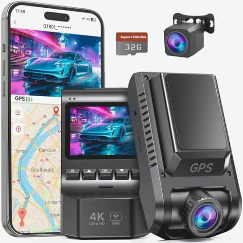 Ecomoment Dash Cam Front and Rear, 4K+1080P Dash Camera for Cars, Built-in Wi-Fi GPS, Included 32GB Card, 2.0'' IPS Screen Mini Car Camera, App, Night Vision, 170°Wide Angle, 24H Parking Mode，Gray