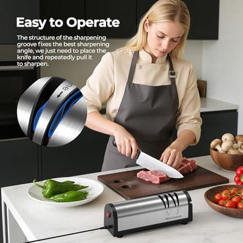 Narcissus Knife Sharpener, Professional 2 Stage Electric Knife Sharpener for Quick Sharpening & Polishing, with Scissors Sharpener and Metal Dust Collection Box, Stainless Steel, Silver 6