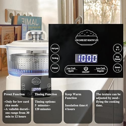Low Carb Rice Cooker,5L Multifunction Smart Rice Cooker - 4H Keep Warm,Digital Display,Timer & Reservation Function,Suitable for Cooking,Simmering,Stewing,and Steaming(5L,Beige) 7
