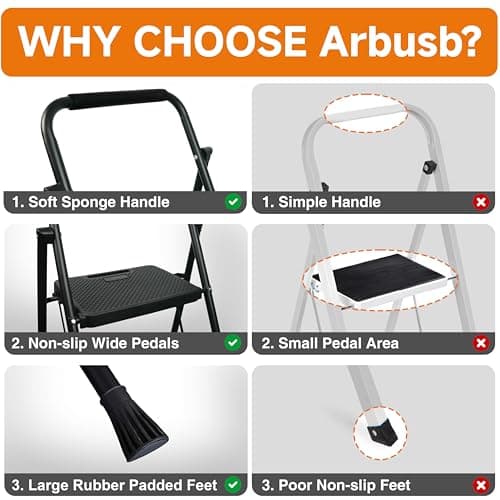 Step Ladder, Folding Step Stool with Wide Anti-Slip Pedals, Sturdy Steel Ladder with Handrail, Space-Saving, Portable for Home & Adults, 3 Step Ladder 5