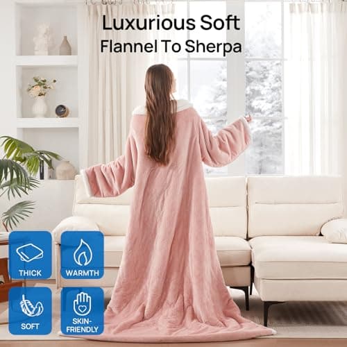 Westinghouse Electric Snuggle Throw Blankets with Foot Pocket, Wearable Heated Blanket with Sleeves, 6 Heating Levels & 2 to 10 Hours Heating Time Settings, 50 * 70"+18", Pink 6