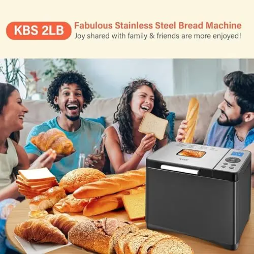 KBS 19-in-1 Programmable Bread Maker,2LB Large Bread Machine Stainless Steel with Sourdough,Gluten-Free,Nonstick Ceramic Pan,650W Bread Maker Machine with 15H Timer&1H Keep Warm,3 Crust Colors,Recipes 7