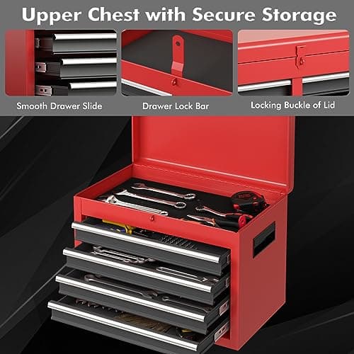 Goplus Rolling Tool Chest, 5-Drawer Tool Box Organizer w/Lockable Wheels & Sliding Drawers & Detachable Top & Adjustable Shelf, Tool Storage Cabinet for Garage Workshop (Red+Black) 5