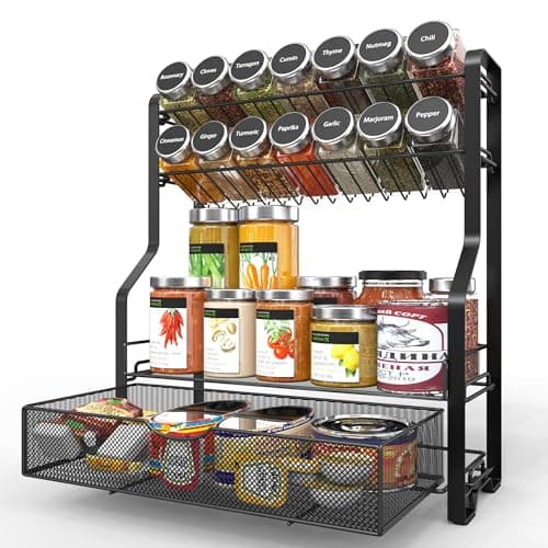 ULG Spice Rack Organizer for Countertop, 4 Tier Seasoning Organizer with Drawer, Spice Rack for Countertop, Cabinet, Spice Organizer for Pantry, Kitchen, Black