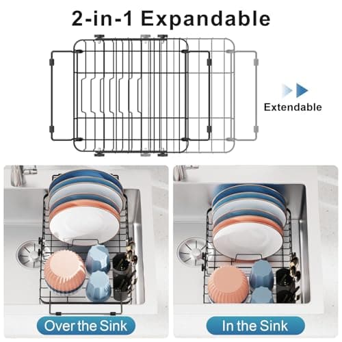 iSPECLE Expandable Dish Drying Rack for Kitchen Sink - Heavy Duty Adjustable Over The Sink Dish Drainer with Square Corners, Rust Resistant with Lock Knob, Fit for Modern Single & Double Sinks, Black 7