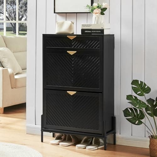 VIPLUMI Shoe Cabinet Storage with 2 Flip Drawers, Narrow Hidden Shoes Organizer Cabinet for Entryway, Freestanding Slim Shoe Rack Front Door Entrance(Black)