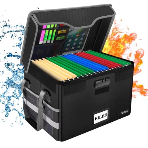 DocSafe Fireproof Document Box with Lock, File Storage Organizer with Mesh Pockets, Collapsible Portable File Box Home Office Safe Filing Cabinet with Handle for Hanging Letter/Legal Folder, Black