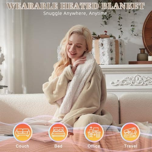 Richtry Electric Blanket Wearable with Foot Pockets & Sleeves, Electric Heated Snuggle Blanket, Flannel & Sherpa Heating Throw with 10 Heat Settings, 1-12 Hours Auto Shut-Off, 50"×70", Beige 5