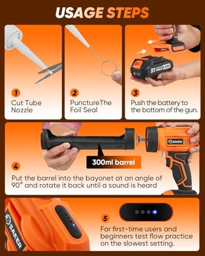 Saker Electric Caulking Gun Cordless Caulk Gun Drip-free with Caulking Tools 4 Adjustable Speeds with LED Light 10oz/300ml for Kitchen Bathroom Filling, Sealing 2 Batteries 9