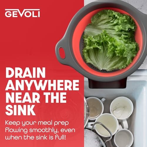 Gevoli Strainer with Self-Draining Base (5QT) Over-Sink Collapsible Kitchen Colander Set with Side-drain Base for Pasta Vegetables and Fruit, XL Large Capacity, Dishwasher Safe (5-Quart) Red/Gray 5