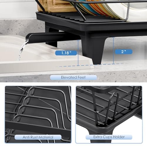 Urackify Compact Dish Drainer for Kitchen Counter - Expandable Large Capacity Drying Rack with Removable Cutlery Holder, Anti-Rust Plate Rack, Non-Slip Feet, Small Sink Drainer for Apartments, Black 5