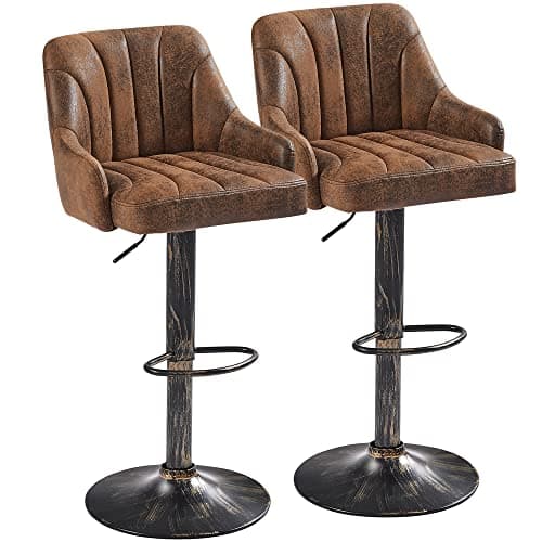 VECELO Bar Stools Set of 2, Adjustable Bar Stools Counter Height Barstools with Back and Arm, Swivel Bar Chair Stools for Kitchen Counter Island Cafe Dining Room, Industrial Style, Dark Brown