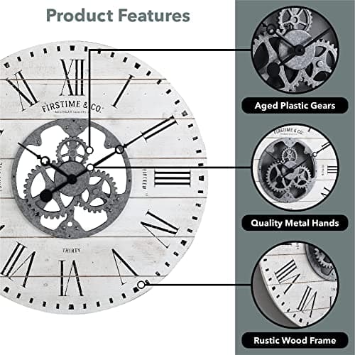 FirsTime & Co. White Shiplap Gears Wall Clock, Large Vintage Decor for Living Room, Home Office, Round, Wood and Plastic, Farmhouse, 27 inches 6