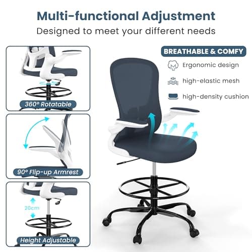 Drafting Chair, Tall Office Chair with Flip-up Armrests Executive Ergonomic Computer Standing Desk Chair, Office Drafting Chair with Lumbar Support and Adjustable Footrest Ring 5