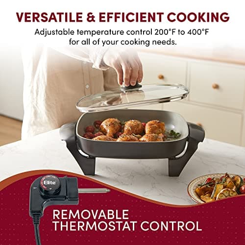 Elite Gourmet 12"x12"x2.15” Ceralast™ PFAS Free Ceramic Electric Skillet, Dishwasher Safe, Rapid Heat Up, 1200W, Dark Grey 5