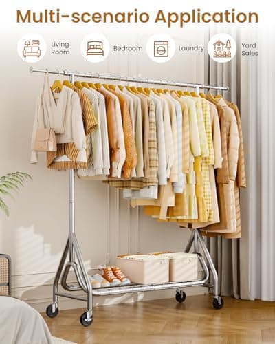 JIEJIERUI Heavy Duty Clothing Rack, Metal Clothes Rack Load 450 LBS, Rolling Coat Racks for Hanging Clothes with Lockable Wheels, Wardrobe Closet Garment Racks for Bedroom, Silver 7