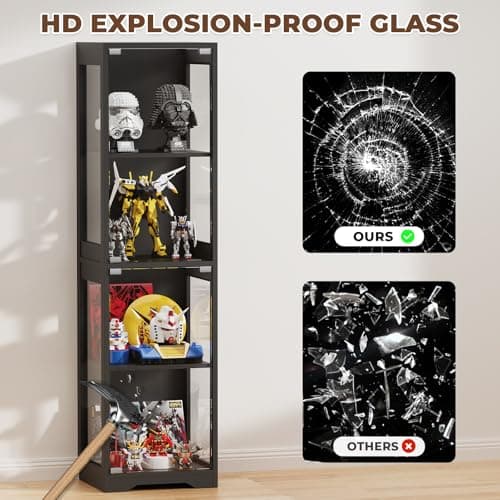 BROTTAR Glass Display Cabinet, 4-Tier Curio Cabinets with 3 Color Lights for Collectibles, Storage Cabinet with Door, Glass Display Case & Bookcase with Human Body Sensor, Black 8