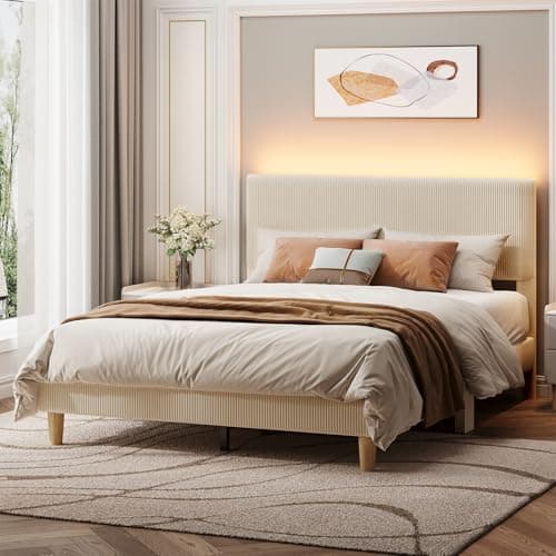 Bestier Bed Frame Queen Size with Headboard,Platform Bed Frame Upholstered with LED Lighting,Solid Wooden Bed Frame Slats Support,No Box Spring Needed, Never Squeaks, Easy Assembly,Beige