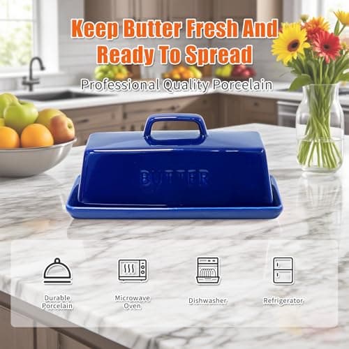 Gute Butter Dish with Lid for Countertop, Covered Ceramic Butter Dish, Butter Tray Storage for 1 Stick of Butter, Butter Keeper Container with Handle for Kitchen, Navy Blue 6