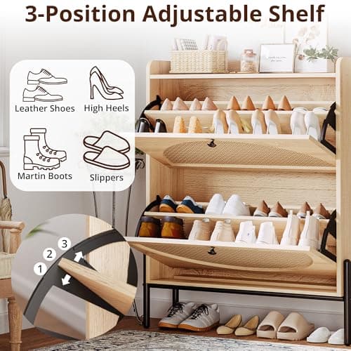 IRONCK Shoe Cabinet Storage with 2 Flip Drawers, Free Standing Wooden Shoe Storage Organizer Cabinet with Rattan Doors for Entryway, Narrow Shoe Rack Cabinet, Oak 5