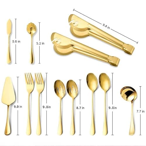 MACIFECI Gold Serving Utensils Set of 12, Stainless Steel Serving Sets with, 9.8''Serving Forks, Slotted Spoons, Tongs, Ladle, Butter Knife, Pie, Serving Utensils in Gold for Parties,Buffet, Wedding 6