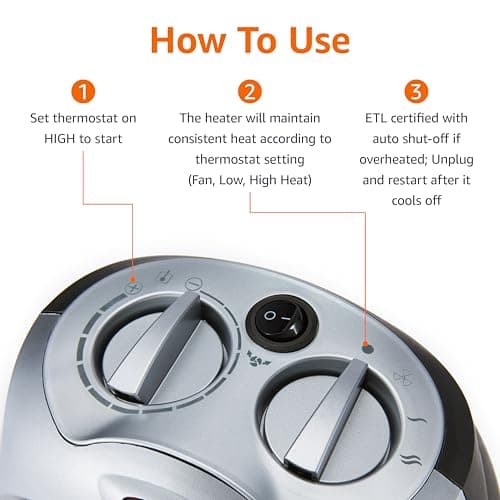 Amazon Basics Oscillating Ceramic Portable Indoor Space Heater, Fast Heating Technology, Overheat and Tip-Over Protection, Adjustable Thermostat, 1500W, 7.52"D x 6.34"W x 9.45"H, Silver 4