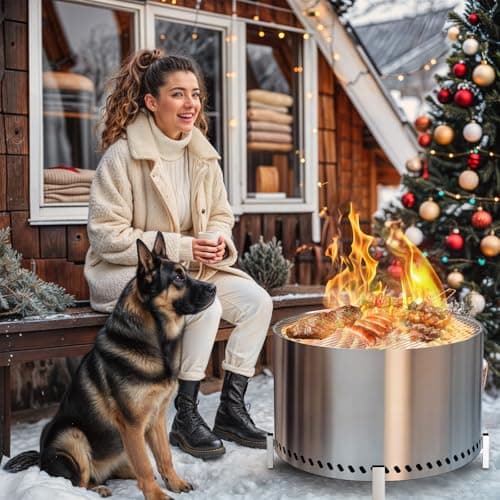 HGD 28" Smokeless Firepit with Stand & Grill Rack, Large Stainless Steel Wood Burning Fire Pit for Friends & Family Gatherings, Secondary Combustion Outdoor Patio Stove for Garden BBQ & Bonfire 7