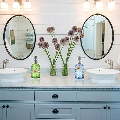 16 oz Diamond Pattern Glass Soap Dispenser, Kitchen and Bathroom Refillable Soap Dispenser with Rust Resistant Stainless Steel Pump for Hand Soap, Lotion Glass Liquid Dispenser (Blue) 6