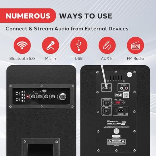 Pyle Portable Bluetooth PA Speaker System - 2000W Active powered Outdoor Bluetooth Speaker Portable PA System w/ Microphone In, Party Lights, USB SD Card Reader, AUX/RCA/FM Radio, Wheels - PSUFM1043BT 4