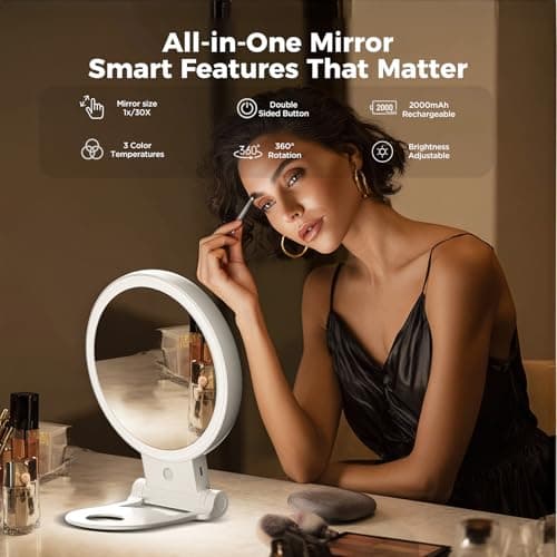 tubbede 1X/30X Lighted Makeup Mirror with Magnification, Double-Sided Switch, 3-Color Lights, 2000mAh Rechargeable, Adjustable Brightness, Makeup Mirror with Lights for Vanity Table or Bathroom 8
