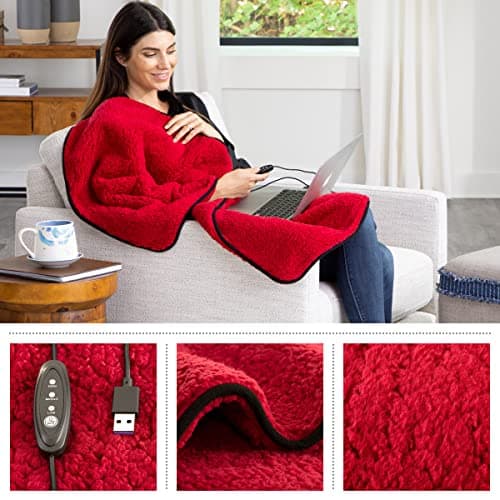 Heated Blanket 2-Pack - USB-Powered Sherpa Throw Blankets for Travel, Home, Office, or Camping - Winter Car Accessories by Stalwart (Red Wine) 8