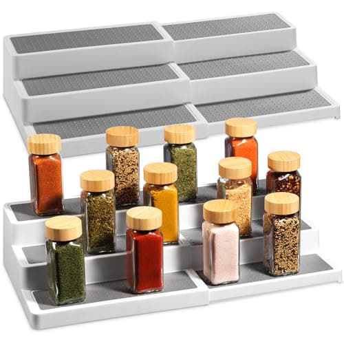 Oizeir Plastic 3-Tier Expandable Spice Rack, Adjustable Length, Stability with Non-Skid Shelf, For Easy Visibility, Organizer for Kitchen Cabinet, Pantry or Countertop, (2-Pack), White/Grey