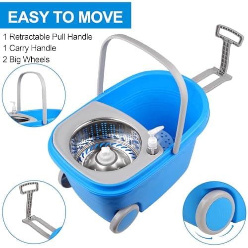 Spin Mop and Bucket with Wringer Set, 3 Washable Microfiber Pads Included for Floor Cleaning, Adjustable Stainless Steel Handle, Easy Moving with Wheels, Blue 8