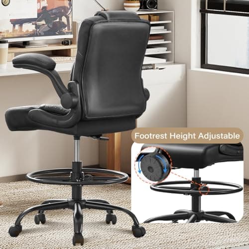 500 lbs Drafting Chair Tall Office Chair with Flip-up Armrests for Standing Desk Executive Ergonomic Computer Leather Desk Chair with Lumbar Support, Adjustable Foot Ring for Home or Drawing Use 5