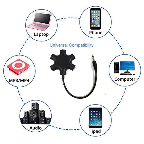 JWCE. Headphone Splitter - 5 Ports for 3.5mm Devices 5 Ways Adaptor 3.5mm Audio Stereo Splitter Cable 3.5mm Male to 5 Port 3.5mm Female for Earphone and Headset Splitter Adapter for iPhone 3