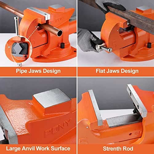 PONY Heavy Duty Bench Vise, 5-inch Jaw Width 7-inch Jaw Opening, 360-Degree Swivel Base with Anvil, Utility Combination Pipe Home Vise for Woodworking, One-Pair Vise Jaw Pad Included 6