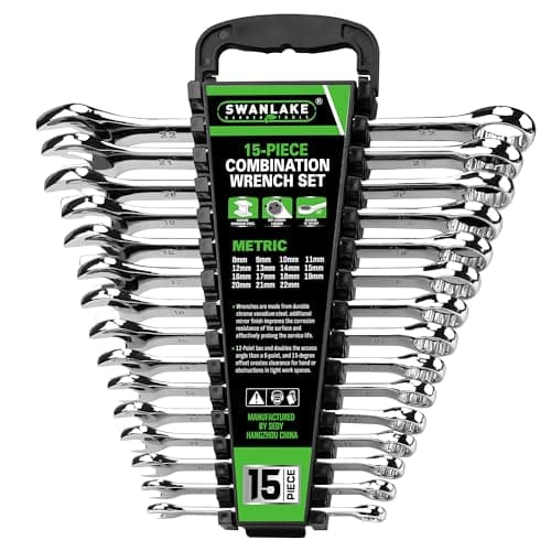 SWANLAKE 15-Piece Metric Combination Wrench Set, 12-Point Max Torque Open End Wrench Set, Cr-V Steel Wrenches 8, 9, 10, 11, 12, 13, 14, 15, 16, 17, 18, 19, 20, 21, 22mm with Storage Rack