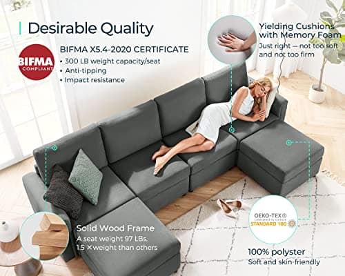 LINSY HOME Modular Sectional Sofa, Convertible U Shaped Sofa Couch with Storage, Memory Foam, Modular Sectionals with Ottomans, 6 Seat Sofa Couch with Chaise for Living Room, Dark Grey 5