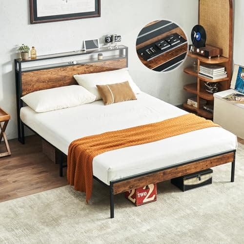 Virabit Full Bed Frame with Headboard, Bed Frame Full Size with Charging Station, No Box Spring Needed (Brown)