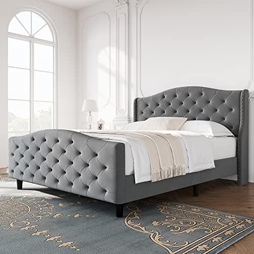 GAOMON Tufted Upholstered Platform Bed Frame with Raised Wing Back Headboard, Mattress Foundation and Wood Slat Support, No Box Spring Needed (Grey, Queen) 8