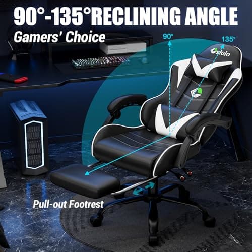 Czlolo Gaming Chair with Footrest Racing Style Lumbar Support Massager Video Game Chair with Metal Legs, High Back Reclining Gamer Chair with Headrest, 360° Swivel Office Computer Desk Chair (White) 5