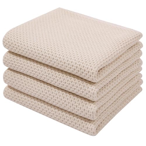 Homaxy 100% Cotton Waffle Weave Kitchen Dish Towels, Ultra Soft Absorbent Quick Drying Cleaning Towel, 13 x 28 Inches, 4-Pack, Beige