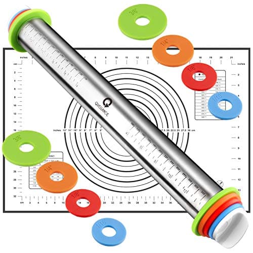 Rolling Pin and Pastry Baking Mat Set, Rolling Pins with Adjustable Thickness Rings, Stainless Steel Dough Roller for Baking Fondant, Pizza, Pie, Pastry, Pasta, Cookies (Black Mat)