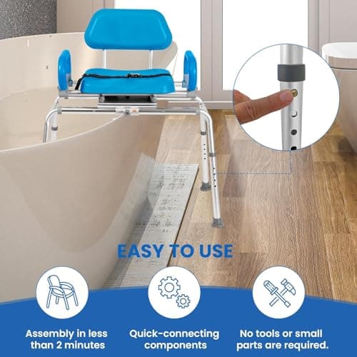 Platinum Health Carousel Sliding Shower Chair Tub Transfer Bench with Swivel Seat, Premium Padded, Pivoting Arms, Adjustable Space Saving Design for Tubs, Inside Shower, for Handicap & Seniors, Blue 5