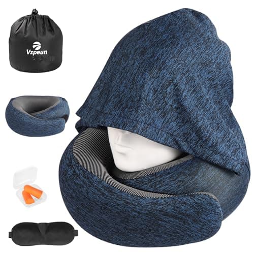 Vzpeun Travel Pillow - Hooded Neck Pillow Airplane Memory Foam Filling for Plane, Office, Cars Sleeping, Road Trip, Long Flights, Portable Plane Accessories, Includes Eye Mask & Earplugs (Full Blue)