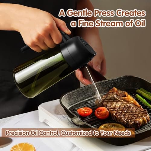 YARRAMATE 16oz/470ml Light-Blocking Dark Oil Sprayer for Cooking, 2 in 1 Olive Oil Dispenser Bottle for Kitchen, Premium Dark Green Glass Oil Bottle, Food-Grade Oil Mister for Air Fryer, BBQ (Black) 5