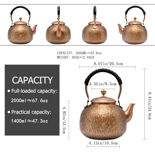 YJX Copper Tea Kettle For Stovetop, Japanese Style Non-Coating Pure Copper Teapot with Stainless Steel Infuser For Loose Tea, Large and Solid Tea Pot For 3-7 Cups (2000ml) 5