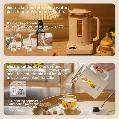 VJQUMM 1000W Electric Kettle 1.2L Capacity Health pot, temperature control Glass pot for loose tea steeper, Hand-brew coffee, Fast Water Heating, hot drink making, Daily home tea brewing 7