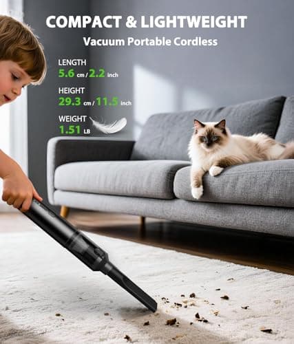 Car Vacuum Portable Cordless Handheld Vacuum Cleaner 4-in-1 Mini Cordless Vacuum with 2 Suction Modes and 16800pa Suction Power Blowing & Inflating 2 Modes Handheld Vacuum for Car, Desk, Keyboards 7